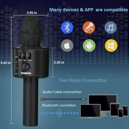 BONAOK Simsiz Bluetooth Karоoke Mikrofoni, 3-in-1 Portativ Qo‘lda Karоoke Mikrofon Dinamik Mashinasi Barcha Smartfonlar uchun Uy Partisi Tug‘ilgan kun (Qora) Q37 - 1