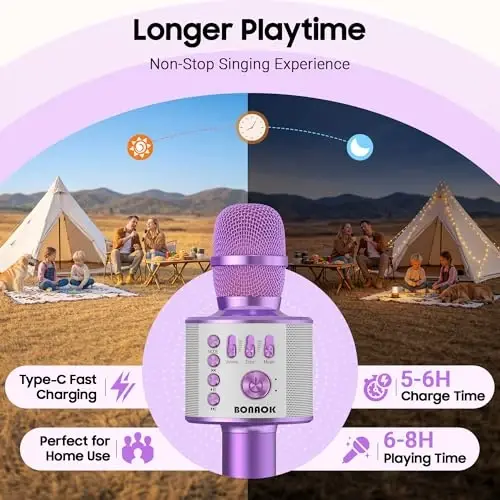 BONAOK Wireless Bluetooth Karaoke Microphone, 3-in-1 Portable Handheld Mic Speaker Machine for All Smartphones, for Girls Boys Kids Adults All Age Q37(Light Purple) - 3