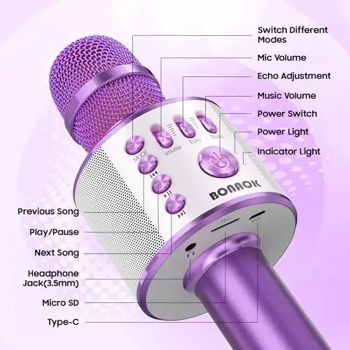 BONAOK Wireless Bluetooth Karaoke Microphone, 3-in-1 Portable Handheld Mic Speaker Machine for All Smartphones, for Girls Boys Kids Adults All Age Q37(Light Purple) - 4