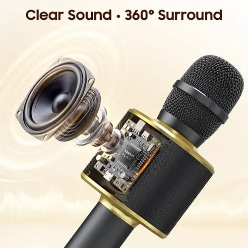 BONAOK Wireless Bluetooth Karaoke Microphone, 3-in-1 Portable Handheld Mic Speaker Machine for All Smartphones, Gifts to Girls Boys Kids Adults All Age Q37(Black Gold) 