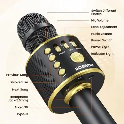 BONAOK Wireless Bluetooth Karaoke Microphone, 3-in-1 Portable Handheld Mic Speaker Machine for All Smartphones, Gifts to Girls Boys Kids Adults All Age Q37(Black Gold) - 4