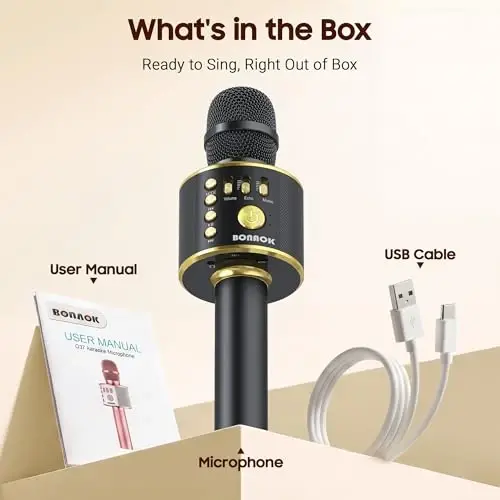 BONAOK Wireless Bluetooth Karaoke Microphone, 3-in-1 Portable Handheld Mic Speaker Machine for All Smartphones, Gifts to Girls Boys Kids Adults All Age Q37(Black Gold) - 5