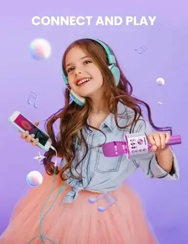 BONAOK Wireless Bluetooth Karaoke Microphone, Portable Toy Microphone for Singing, Gifts to Girls Boys Kids Adults All Age Q37（Bright Purple） - 3