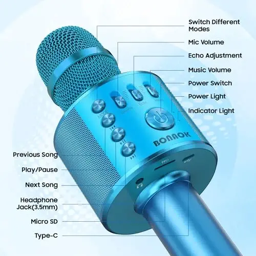 BONAOK Wireless Bluetooth Karaoke Microphone,3-in-1 Portable Handheld Karaoke Mic Speaker Machine Birthday Home Party for PC or All Smartphone (Q37 Blue) - 5