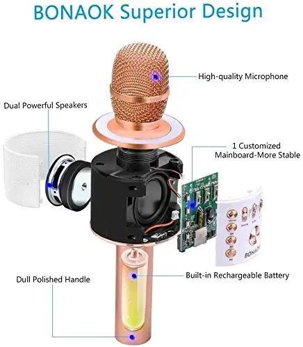 BONAOK Wireless Bluetooth Karaoke Microphone,3-in-1 Portable Handheld Karaoke Mic Speaker Machine Home Party Birthday for All Smartphones PC(Q37 Rose Gold) - 3