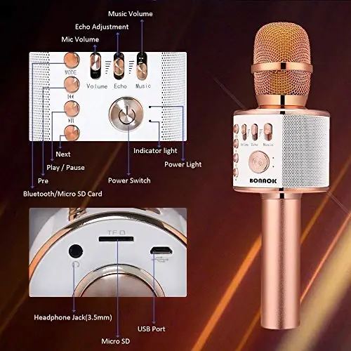 BONAOK Wireless Bluetooth Karaoke Microphone,3-in-1 Portable Handheld Karaoke Mic Speaker Machine Home Party Birthday for All Smartphones PC(Q37 Rose Gold) - 6