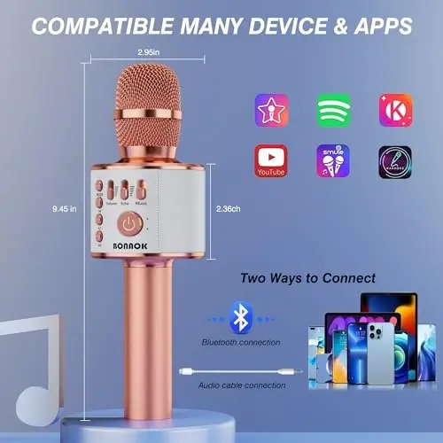 BONAOK Wireless Bluetooth Karaoke Microphone,3-in-1 Portable Handheld Karaoke Mic Speaker Machine Home Party Birthday for All Smartphones PC(Q37 Rose Gold) - 3