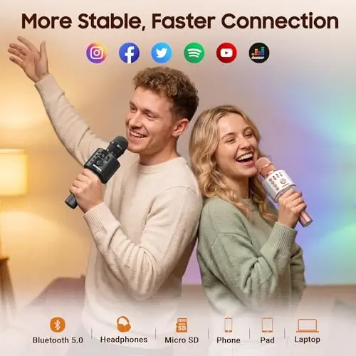 BONAOK Wireless Bluetooth Karaoke Microphone,3-in-1 Portable Handheld Karaoke Mic Speaker Machine Home Party Birthday for All Smartphones PC(Q37 Rose Gold) - 3