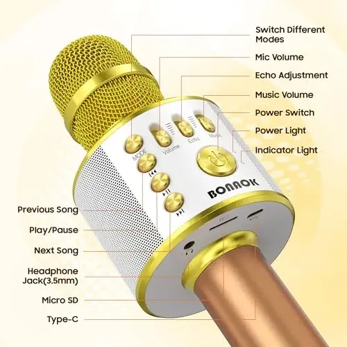 BONAOK Wireless Bluetooth Karaoke Microphone,3-in-1 Portable Handheld Karaoke Mic Speaker Machine Home Party Birthday for All Smartphones (Q37 Gold) - 4