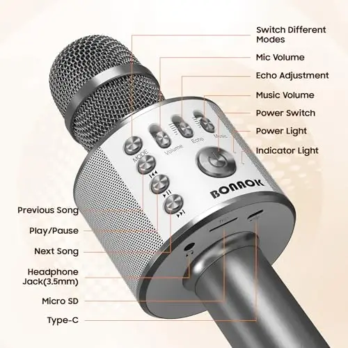 BONAOK Wireless Bluetooth Karaoke Microphone,3-in-1 Portable Handheld Karaoke Mic Speaker Machine Home Party Birthday for All Smartphones Q37 (Space Gray) - 4