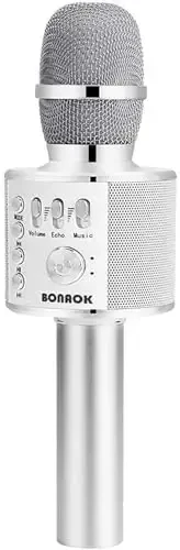 BONAOK Wireless Bluetooth Karaoke Microphone,3-in-1 Portable Handheld Mic Speaker for All Smartphones,Gifts for Kids Adults All Age Q37(Silver) - BONAOK