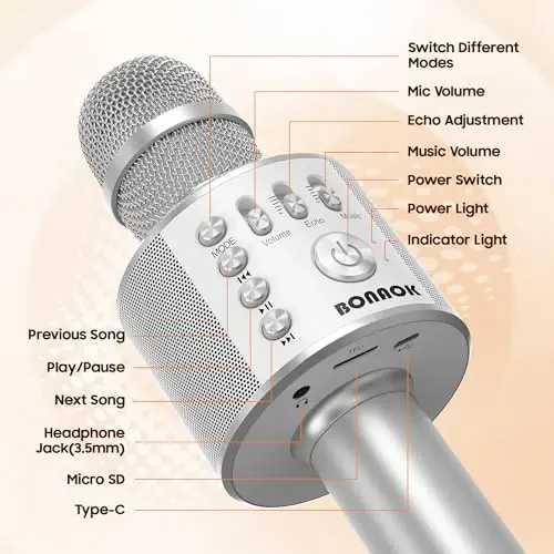 BONAOK Wireless Bluetooth Karaoke Microphone,3-in-1 Portable Handheld Mic Speaker for All Smartphones,Gifts for Kids Adults All Age Q37(Silver) - 4