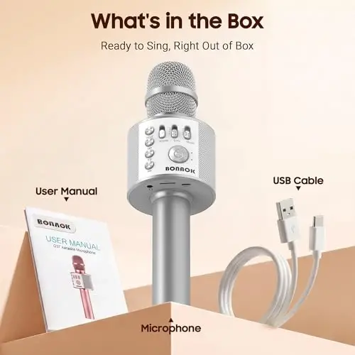 BONAOK Wireless Bluetooth Karaoke Microphone,3-in-1 Portable Handheld Mic Speaker for All Smartphones,Gifts for Kids Adults All Age Q37(Silver) - 5