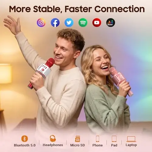 BONAOK Wireless Bluetooth Karaoke Microphone,3-in-1 Portable Handheld Mic Speaker Machine Birthday Home Party for PC or All Smartphone(Q37 Red) - 2