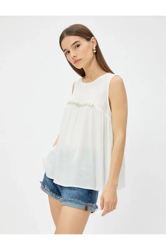 Boncuk İşlemeli Bluz Kolsuz Bisiklet Yaka-Ekru - 2
