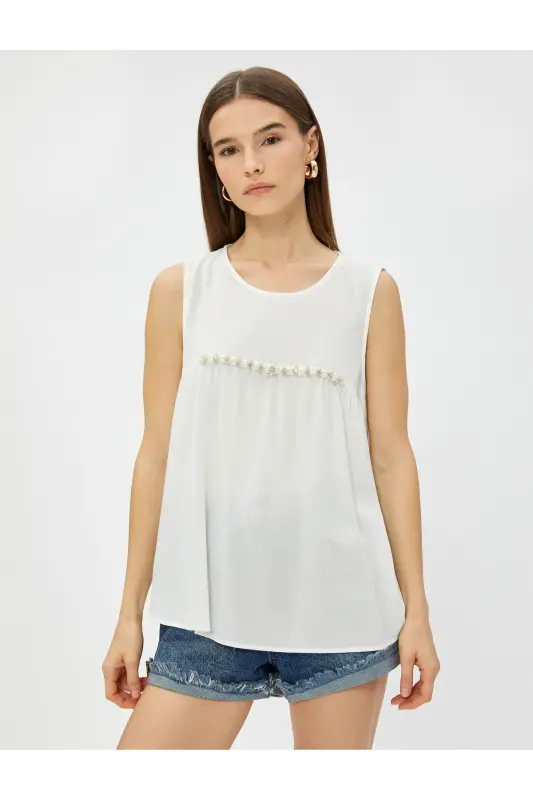 Boncuk İşlemeli Bluz Kolsuz Bisiklet Yaka-Ekru - 3