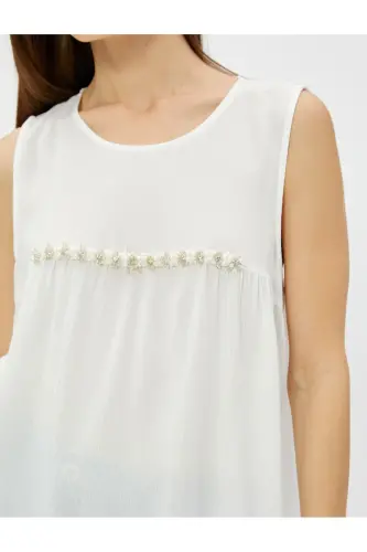 Boncuk İşlemeli Bluz Kolsuz Bisiklet Yaka-Ekru - 5