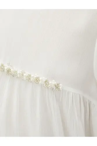 Boncuk İşlemeli Bluz Kolsuz Bisiklet Yaka-Ekru - 6