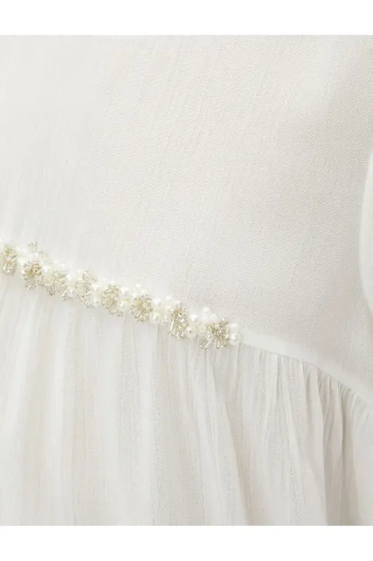 Boncuk İşlemeli Bluz Kolsuz Bisiklet Yaka-Ekru - 6