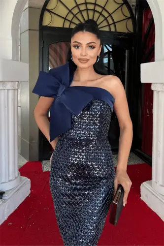 Boncuk Kumaş Fiyonk Detaylı Kalem Elbise - LACİVERT - 3