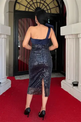 Boncuk Kumaş Fiyonk Detaylı Kalem Elbise - LACİVERT - 5