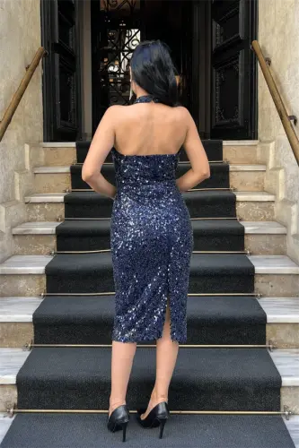 Boncukli Mato Bo'yinbog'li Qalam Ko'ylak - LACİVERT - 5