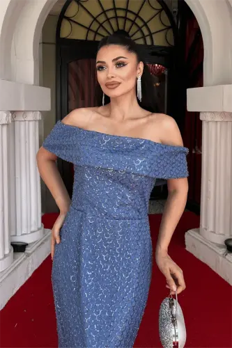 Boncuklu Tül Kumaş Straplez Kalem Elbise - İNDİGO MAVİ - 4