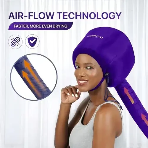 Bonnet Hair Dryer Attachment w/A Headband Integrated That Reduces Heat Around Ears & Neck - Diffuser Cap for Hair Dryer Curly Hair, Speeds Up Drying Time, Deep Conditioning at Home - Large (Purple) - 3