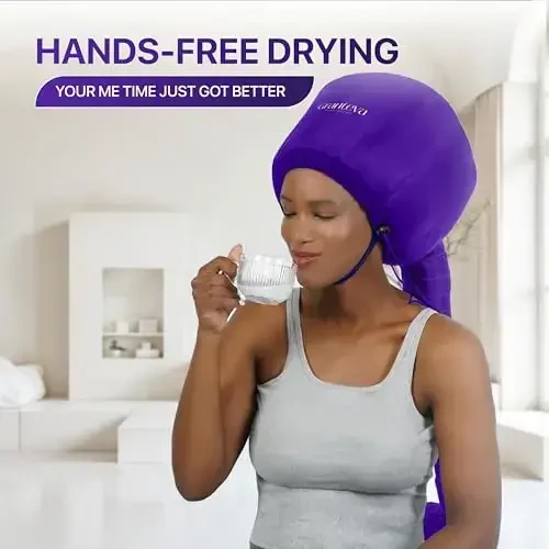 Bonnet Hair Dryer Attachment w/A Headband Integrated That Reduces Heat Around Ears & Neck - Diffuser Cap for Hair Dryer Curly Hair, Speeds Up Drying Time, Deep Conditioning at Home - Large (Purple) - 4