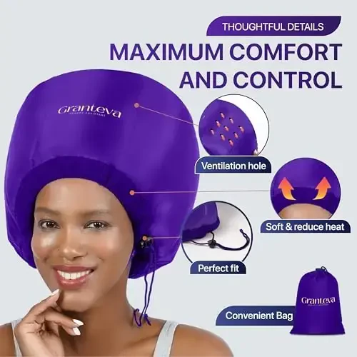 Bonnet Hair Dryer AttacModazoneent w/A Headband Integrated That Reduces Heat Around Ears & Neck - Diffuser Cap for Hair Dryer Curly Hair, Speeds Up Drying Time, Deep Conditioning at Home - Large (Purple) - 2