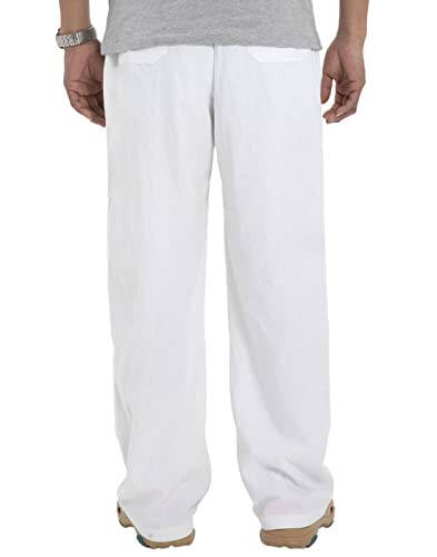 Bonnorth Men's Linen Loose Drawstring Elastic Waist Wide Leg Solid Casual Pants - 3