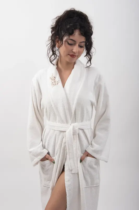 Bonny Cotton Ultrasoft Bathrobe | Embroidered Bathrobe | Gift Bathrobe-Ecru - 4