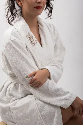 Bonny Cotton Ultrasoft Bathrobe | Embroidered Bathrobe | Gift Bathrobe-Ecru - GÜVENAL (1)