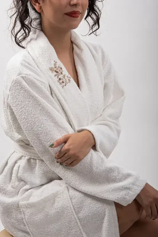 Bonny Cotton Ultrasoft Bathrobe | Embroidered Bathrobe | Gift Bathrobe-Ecru - 2