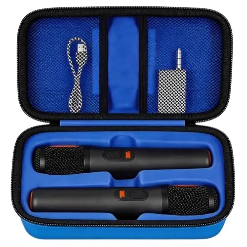 Boobowl Bluetooth Microphone Wireless Case for JBL PartyBox Wireless Mic | 2X Digital Microphones Holder Organizer, Portable Mic Box for Rechargeable Battery, Receivers, Adapter (Bag Only)-Blue - 1