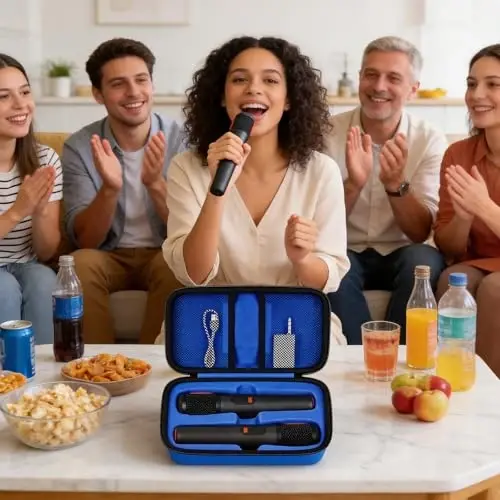 Boobowl Bluetooth Microphone Wireless Case for JBL PartyBox Wireless Mic | 2X Digital Microphones Holder Organizer, Portable Mic Box for Rechargeable Battery, Receivers, Adapter (Bag Only)-Blue - 6