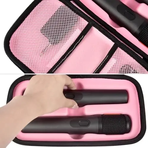 Boobowl Bluetooth Microphone Wireless Case for JBL PartyBox Wireless Mic | 2X Digital Microphones Holder Organizer, Portable Mic Box for Rechargeable Battery, Receivers, Adapter (Bag Only) - Pink - 3