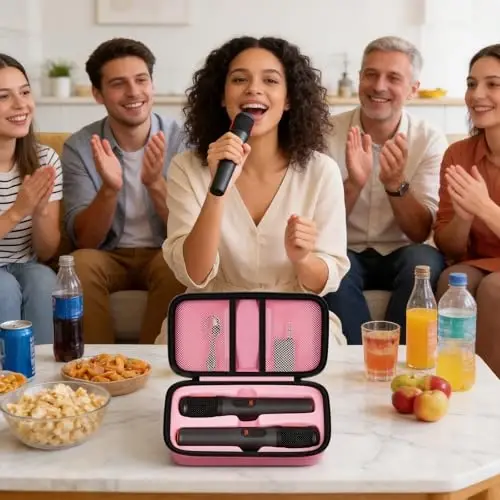 Boobowl Bluetooth Microphone Wireless Case for JBL PartyBox Wireless Mic | 2X Digital Microphones Holder Organizer, Portable Mic Box for Rechargeable Battery, Receivers, Adapter (Bag Only) - Pink - 6