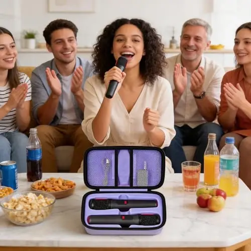 Boobowl Bluetooth Microphone Wireless Case for JBL PartyBox Wireless Mic | 2X Digital Microphones Holder Organizer, Portable Mic Box for Rechargeable Battery, Receivers, Adapter (Bag Only) - Purple - 6