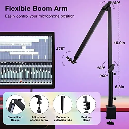Boom Arm with RGB Light - Mic Arm for HyperX QuadCast, Blue Yeti, Shure SM7B, Rode and Most Gaming Mic, Height adjustable Mic Boom Arm Microphone Arm, Desk Mic Stand for Most USB Microphone By SUNMON - 4