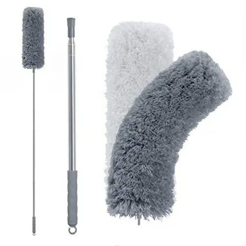 BOOMJOY Microfiber Feather Duster with 100 inches Extension Pole, Dusters for Cleaning High Ceiling, Fan, Blinds, Furniture, Dark Grey 