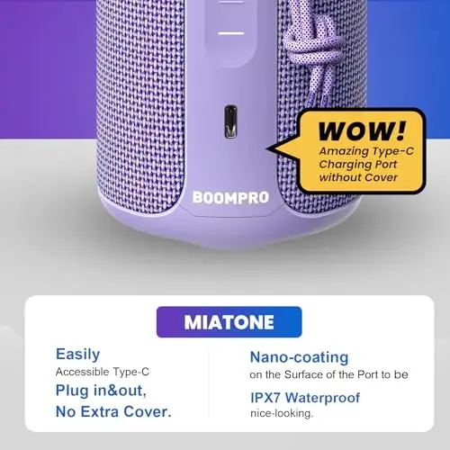 Boompro Bluetooth Speaker 36W Stereo Sound Bass Girl Woman Present - Purple | Portable Speaker Bluetooth 5.3 Wireless USB Type C Outdoor and Travel, 5000mAh Up to 16H Playtime Indoor Home Party - 5