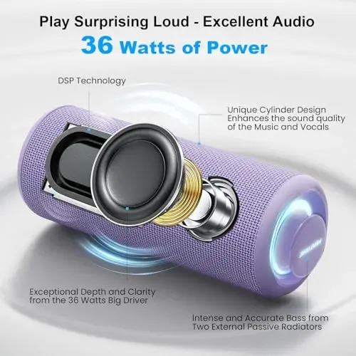 Boompro Bluetooth Speaker 36W Stereo Sound Bass Girl Woman Present - Purple | Portable Speaker Bluetooth 5.3 Wireless USB Type C Outdoor and Travel, 5000mAh Up to 16H Playtime Indoor Home Party - MIATONE (1)