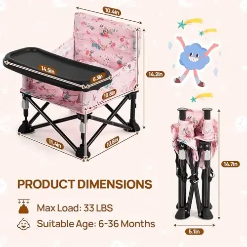 Booster Seat для кухонного стула со съемным подносом, портативный складной детский стульчик для детей 6-36 месяцев, стул для кемпинга для малышей для дома и улицы (розовый цветочный дизайн) - 6