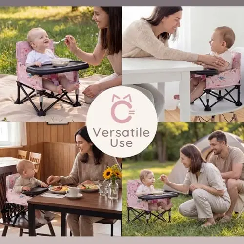 Booster Seat для кухонного стула со съемным подносом, портативный складной детский стульчик для детей 6-36 месяцев, стул для кемпинга для малышей для дома и улицы (розовый цветочный дизайн) - 4