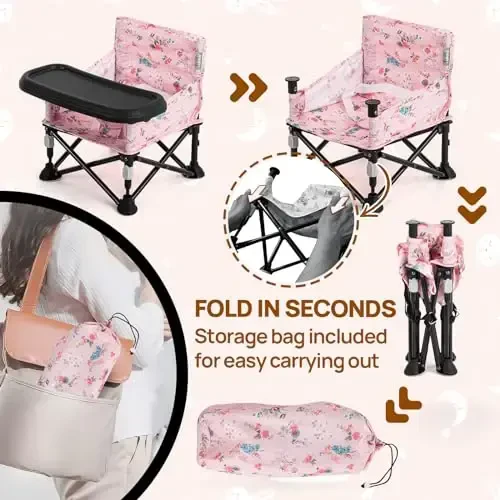 Booster Seat for Kitchen Chair with Removable Tray, Portable Foldable Baby Chair for Babies 6-36 Months, Indoor Outdoor Toddler Camping Chair (Pink Floral Design) - ASKCAT (1)