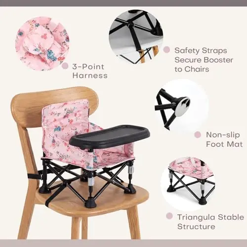 Booster Seat for Kitchen Chair with Removable Tray, Portable Foldable Baby Chair for Babies 6-36 Months, Indoor Outdoor Toddler Camping Chair (Pink Floral Design) - 3