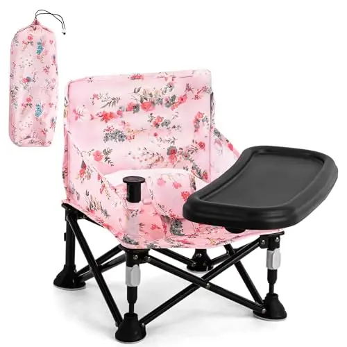 Booster Seat for Kitchen Chair with Removable Tray, Portable Foldable Baby Chair for Babies 6-36 Months, Indoor Outdoor Toddler Camping Chair (Pink Floral Design) - 5