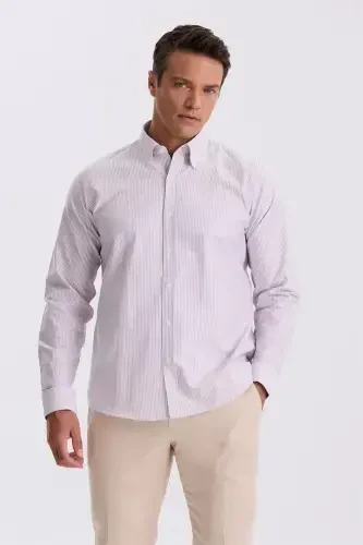 Bordo %100 Pamuk Düğmeli Yaka Comfort Fit Gömlek - 1