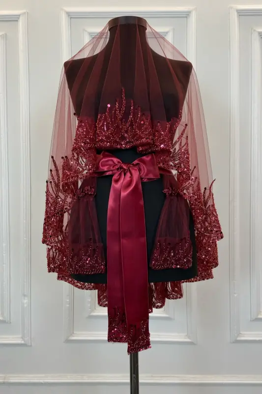 Bordo Alev Desen Gelin Duvak Seti, Pullu Boncuklu Su Taşlı Kına Duvağı Seti 6 Parça-Bordo - 2